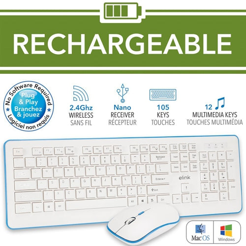 Ensemble clavier et souris sans fil Elink, rechargeable, 2,4 GHz, blanc - KBR630