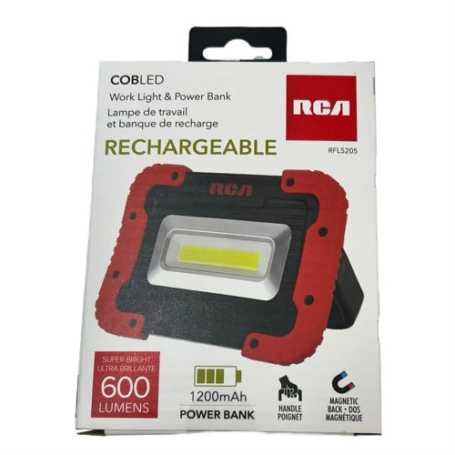 RCA Rechargeable COB LED Work Light with 1200mAh Power Bank, 600 Lumens-RFL5205