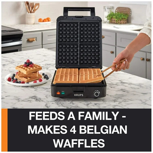 KRUPS Belgian Waffle Maker, Waffle Maker with Removable Plates, 4 Slices, Black and Silver Blemished package with full warranty-GQ502D51