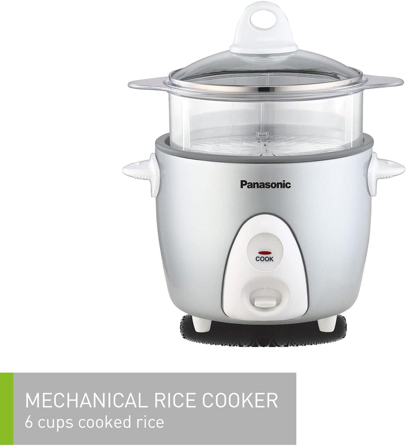 Panasonic  3 Cup Rice Cooker and Steamer, White Factory serviced with Home Essentials warranty- SRG06FGE