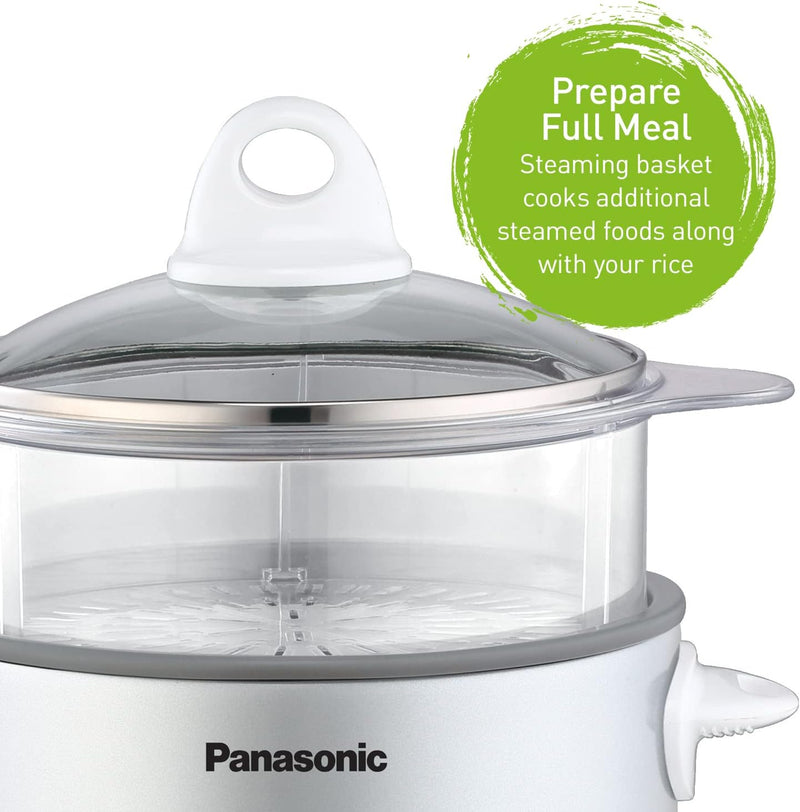 Panasonic  3 Cup Rice Cooker and Steamer, White Factory serviced with Home Essentials warranty- SRG06FGE