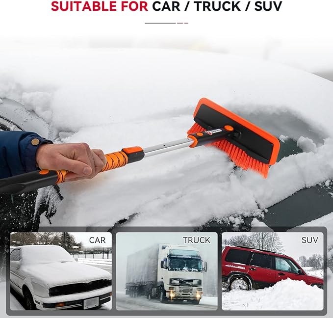 Andeman  Extendable Snow Brush and Ice Scraper Car Windshield, Foam Grip, 180° Pivoting Brush Head, Ice and Snow Remover for Cars Trucks RV SUV, House Window and Roof