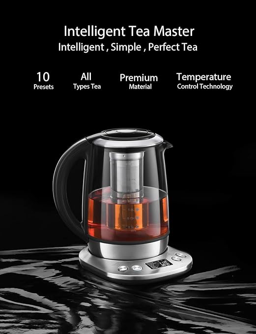 DECEN Electric Tea Kettle, 6 Variable Presets Temperature Smart Tea Maker, Fast Boil Electric Glass Kettle with 2Hr Keep Warm Function, Premium Stainless Steel, 1200 Watt Quick Heating, 1.7L