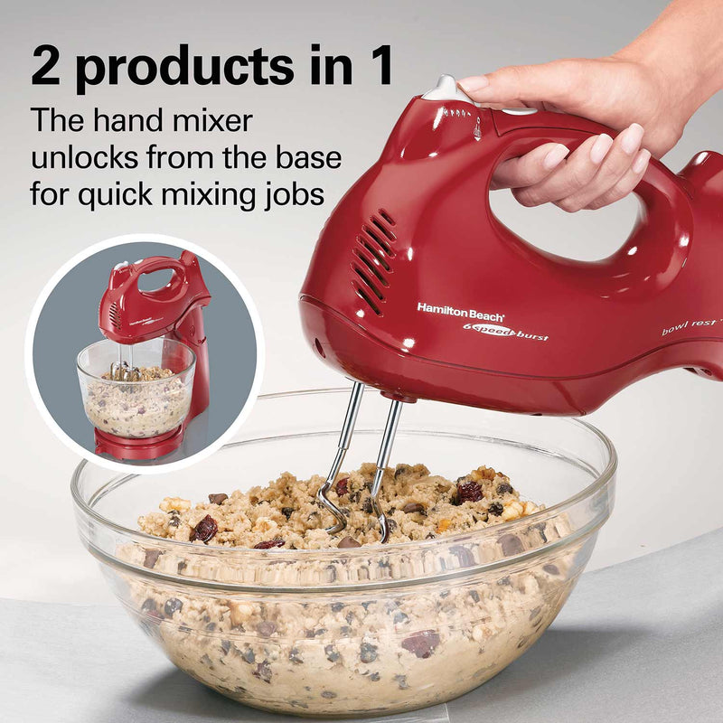 HAMILTON BEACH Power Deluxe™ 6 Speed Hand/Stand Mixer, Red- 64699