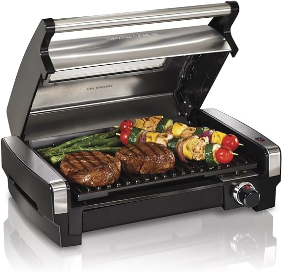 HAMILTON BEACH Electric Indoor Searing Grill with Viewing Window and Removable Easy-to-Clean Nonstick Plate, 6-Serving, Extra-Large Drip Tray, Stainless Steel- (25361C)