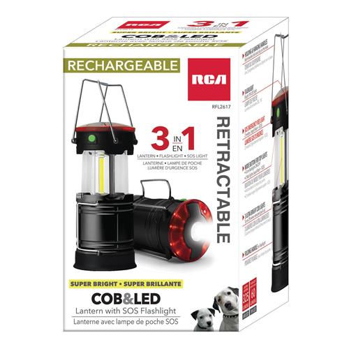 RCA Rechargeable 3-in-1 Retractable Super Bright COB & LED Lantern with SOS Flashlight- RFL2617