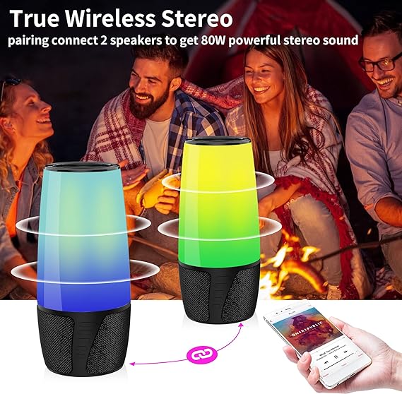 FDY Bluetooth Speaker, 9 Color LED Lighting Themes Speaker, IPX6 Waterproof Portable Wireless Speaker, Bluetooth 5.3, Wireless Two Pairing, 360° Stereo Sound Effect for Family Gatherings (Colorful)