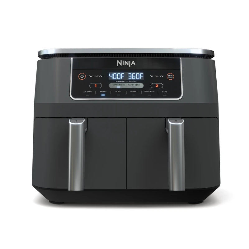 NINJA  Dual Zone Air Fryer with 6-in-1 Functions, Stainless Steel, Black, Factory serviced with Home Essentials warranty 7.5-L-DZ201C