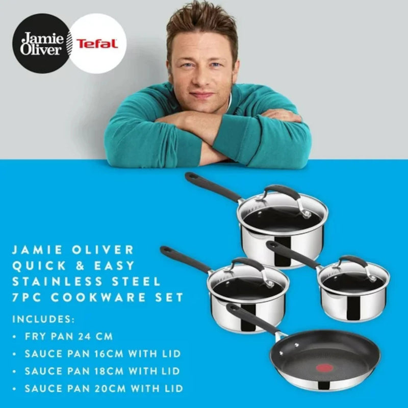 T-FAL E303S774 Jamie Oliver Quick & Easy Stainless Steel 7 Piece Cookware Set