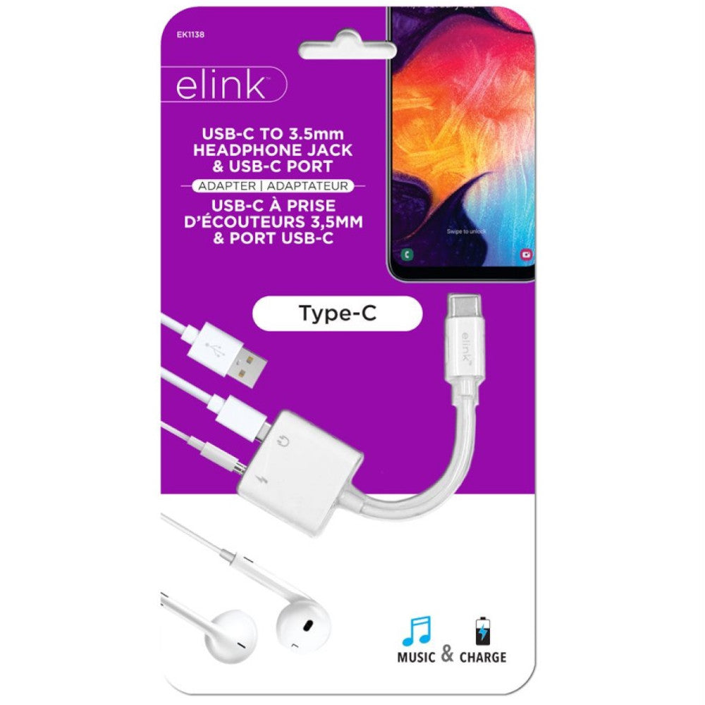 Elink Adapter ELINK EK1138 Type-C to 3.5mm Headphone Jack Adapter With Charging Port