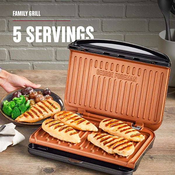 GEORGE FOREMAN 5-Serving Classic Plate Electric Indoor Grill And Panini Press - Black With Copper Plates- GRS075BC