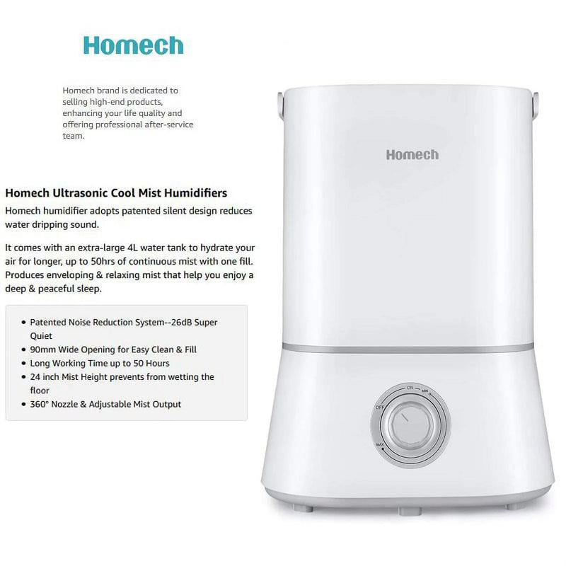 HOMECH Air Humidifiers for Bedroom, 4L Cool Mist Humidifiers for Large Room, 26dB Quiet Humidifiers for Baby-AH001