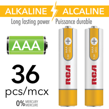 Paquete de 36 pilas alcalinas AAA sin mercurio de RCA: RAK36AAA