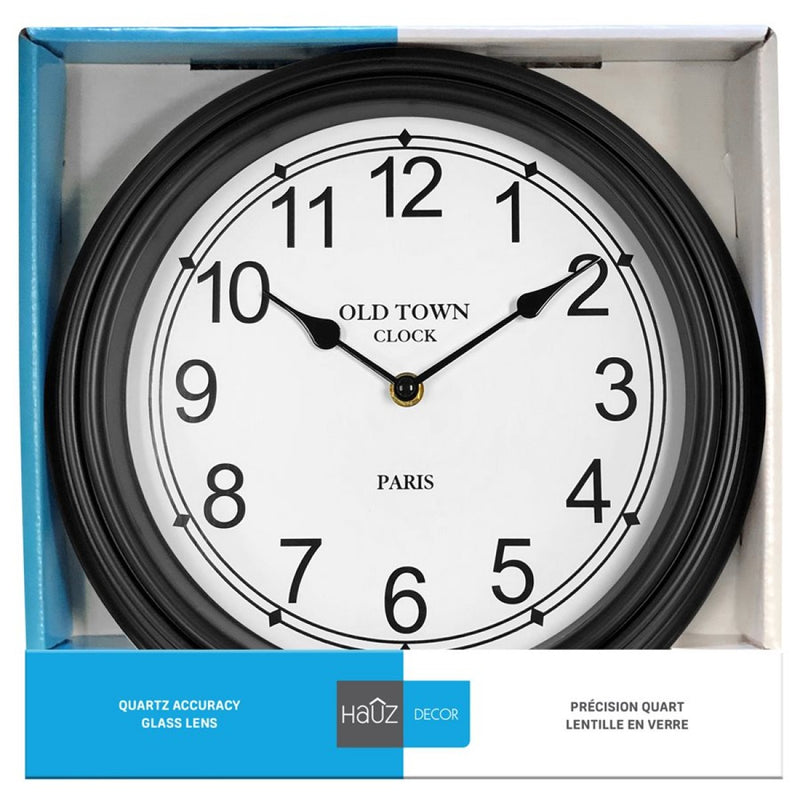 Reloj de pared Hauz Round de 12" con grandes bordes negros y fondo blanco - WC5105 