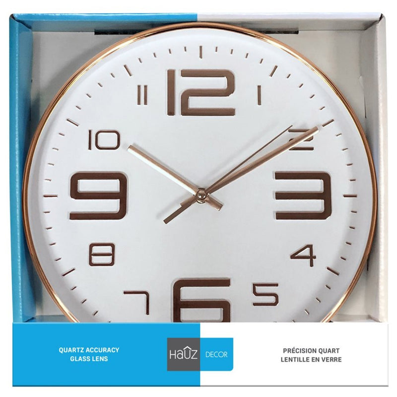 Reloj de pared redondo de 12" HAUZ con fondo y bordes blancos - WC5082 