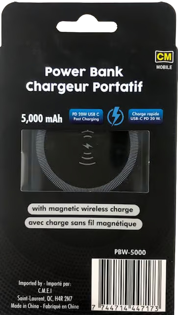 CM Mobile Power bank 5,000 mAh with magnetic wireless charging - PBW-5000