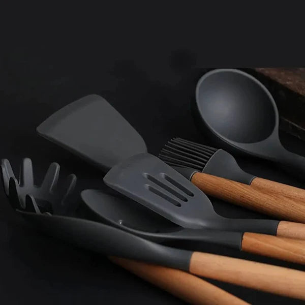 LONOVE Silicone world Cooking Kitchenware Tool Silicone Utensils 15PC With Wooden Multifunction Handle Non-Stick Spatula Spoon Brush