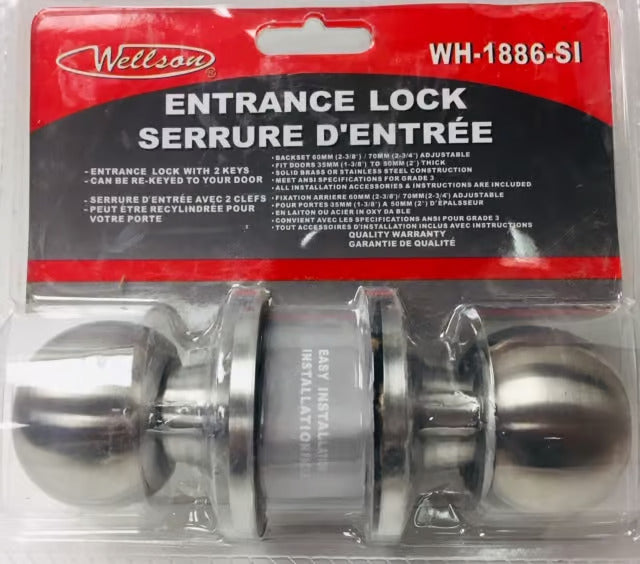 WELLSON Entrance Lock with Button and 3 Keys (Sliver) - WH-1886-SI