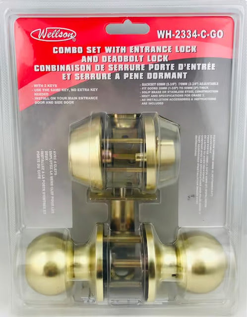 WELLSON Combo Set Of Entrance Lock & Deadbolt Lock With 3 Keys (Gold) - WH-2334-GO