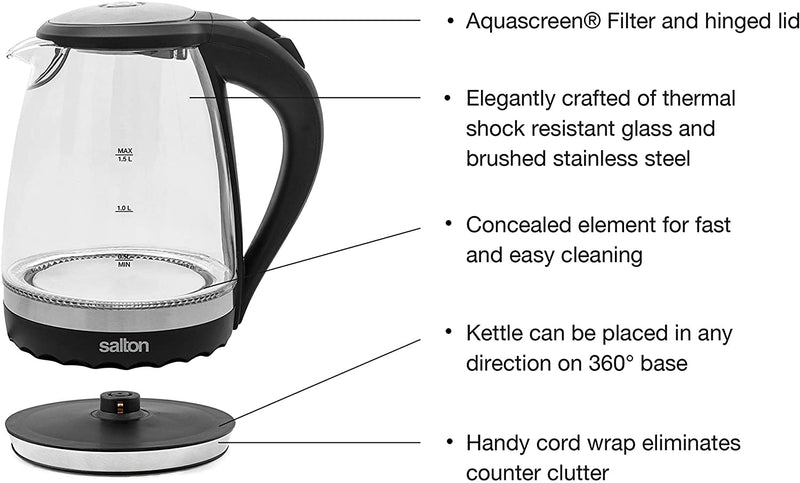Salton || Cordless Electric Compact Glass Kettle - Home Essentials Clearance
